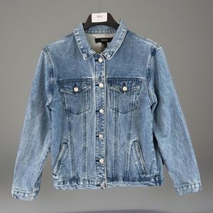 Forever 21 Denim Jacket Small Blue Light Wash New York Script Back Y2K Trucker